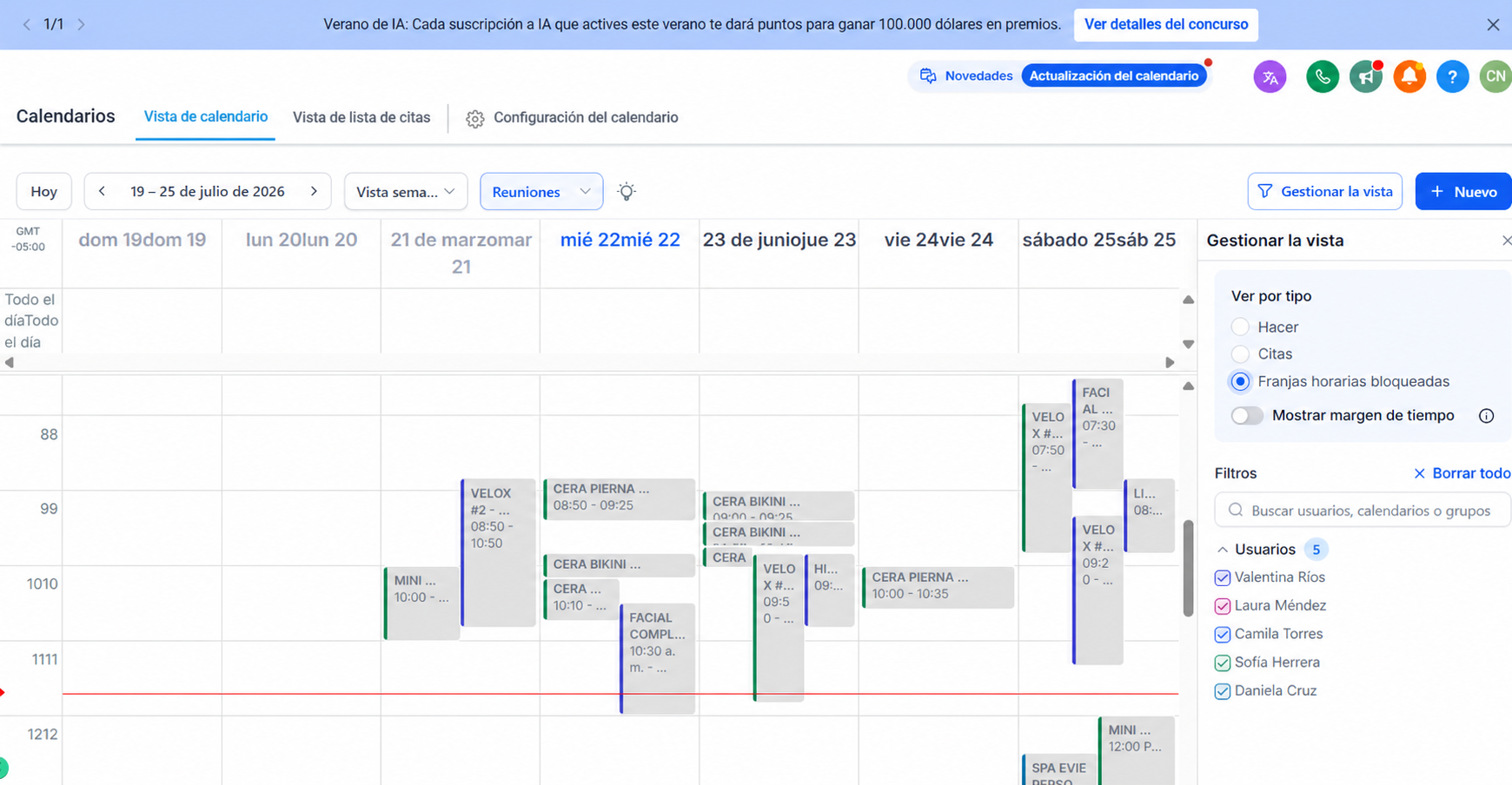 Calendario de Agenda Xmart con citas organizadas por día y profesional